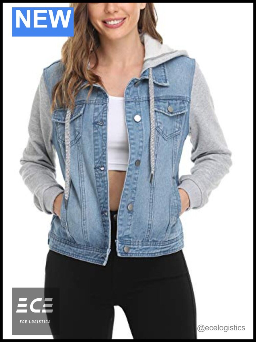 Hooded Denim Jacket Drawstring Adjustable Fit Two Pockets Classic
